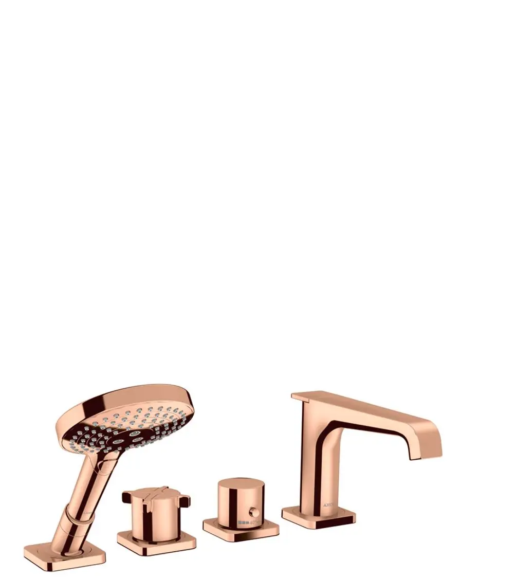 Vierteilige Armatur von AXOR in Polished Red Gold, bestehend aus einer Handbrause und Misch- sowie Steuerhebeln, montierbar auf Wannenrand.